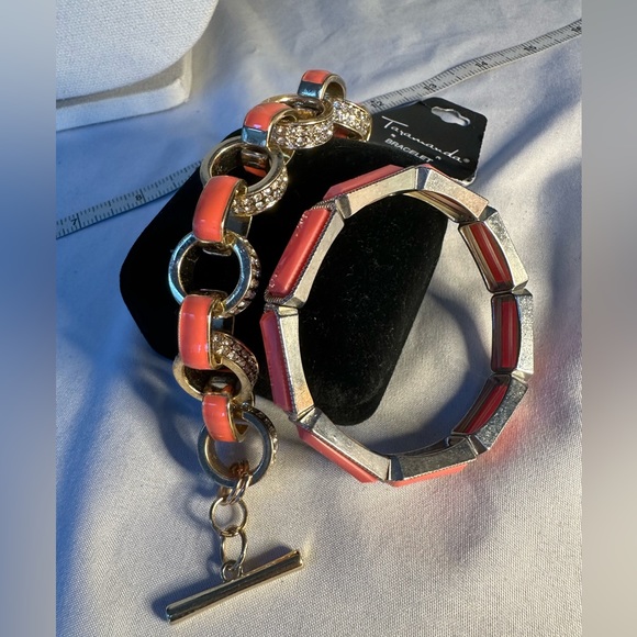 Two Goldtone bracelets with rhinestones and salmon orange colors - Picture 3 of 6